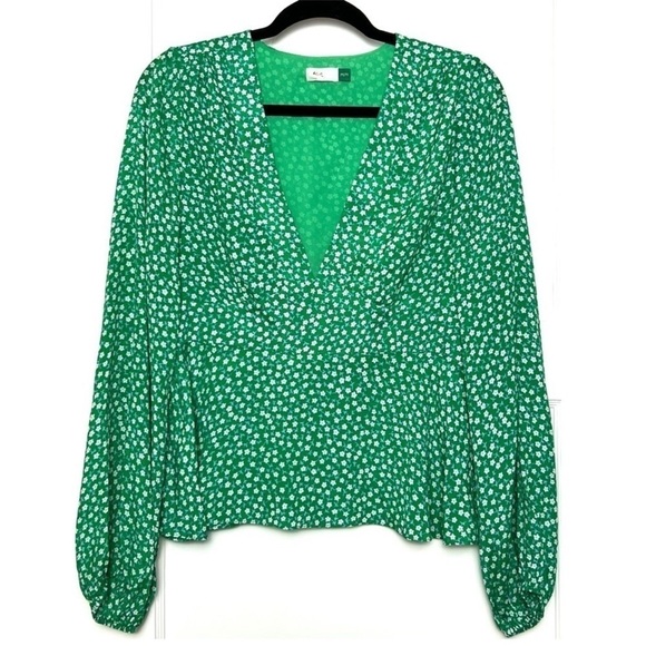 RIXO Silk Ditsy Floral Puff Long Sleeve V-Neck Empire Waist Ruffle Peplum Top XS - Picture 6 of 13